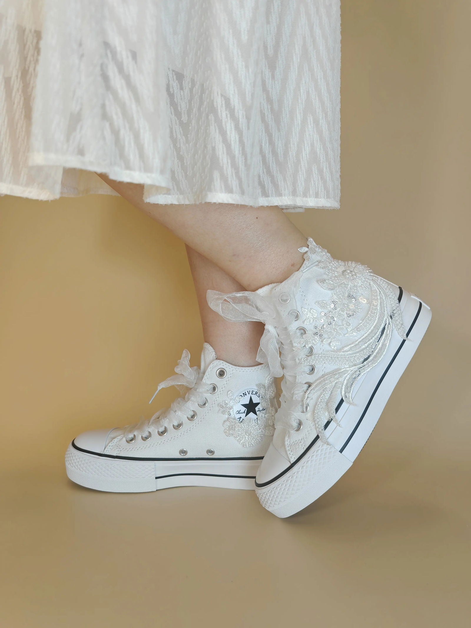 Elegant Lace & Pearl High-Top Sneakers - My Store