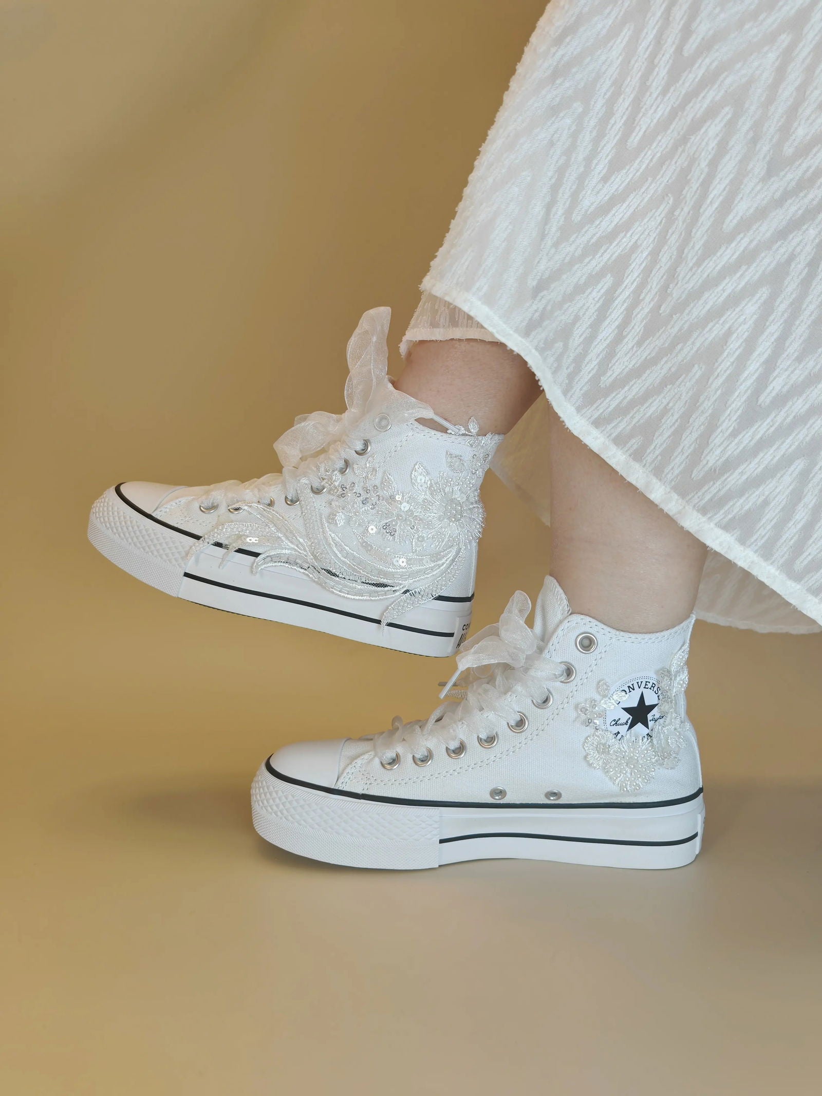 Elegant Lace & Pearl High-Top Sneakers - My Store