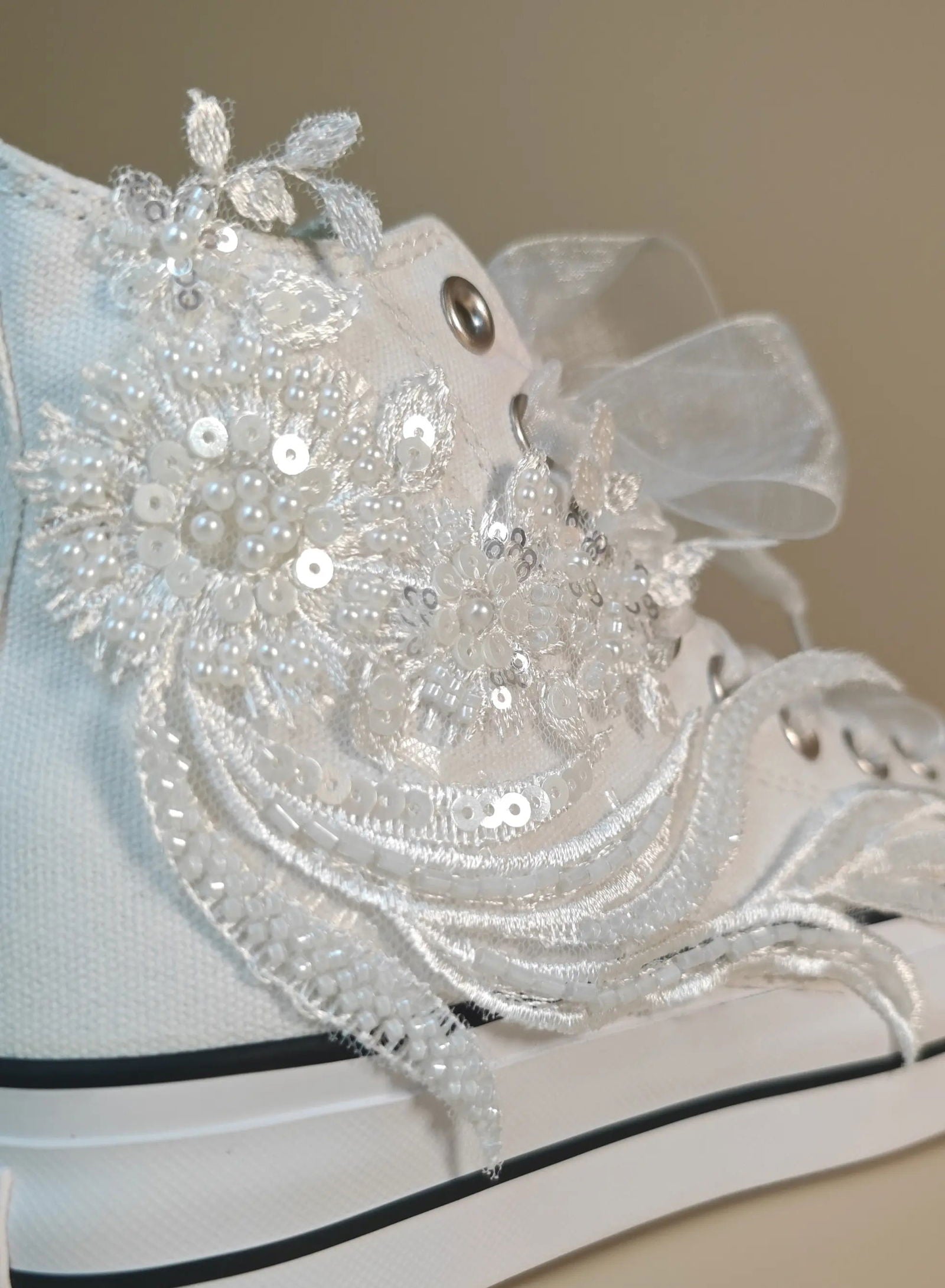 Elegant Lace & Pearl High-Top Sneakers - My Store