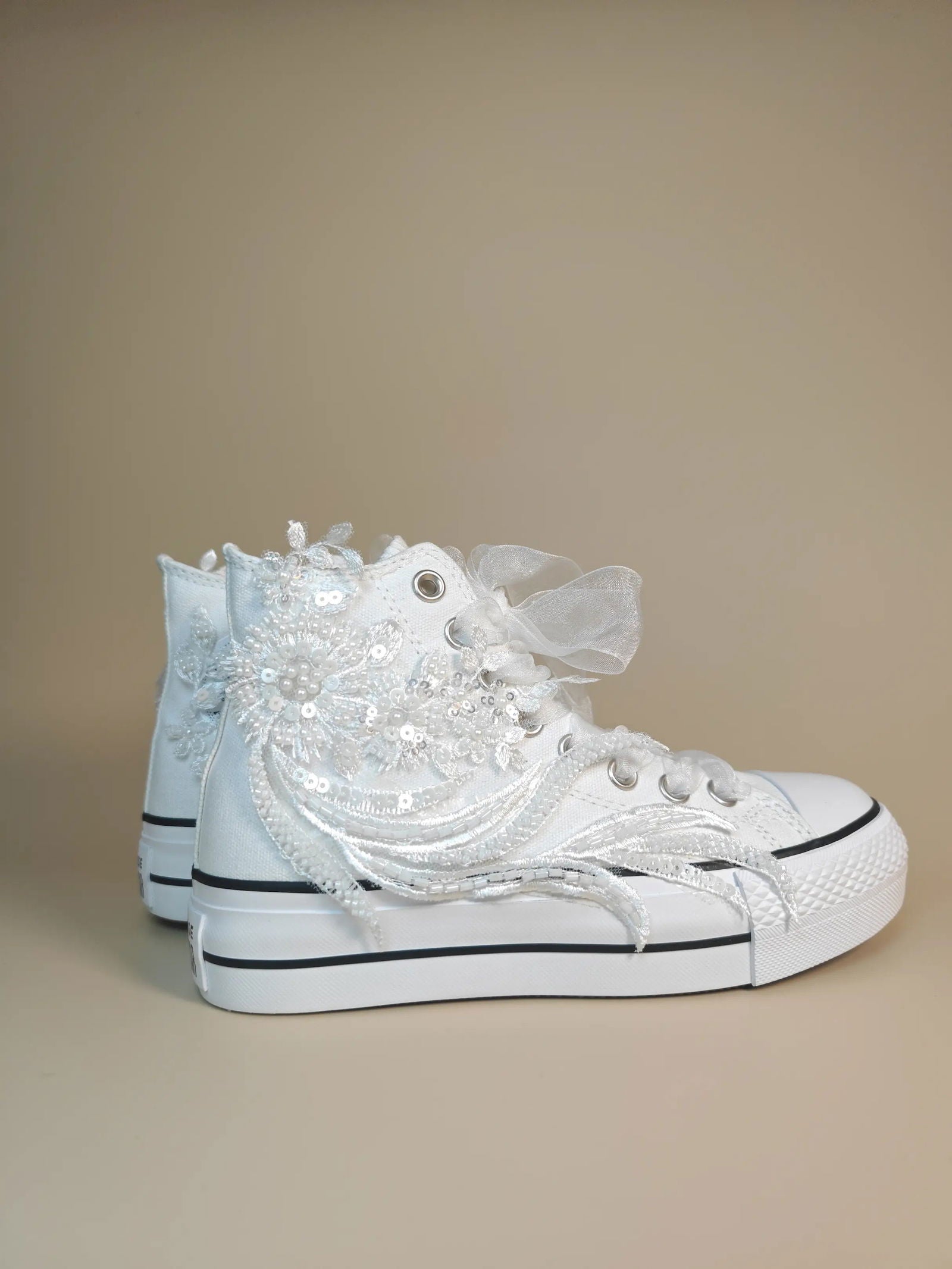 Elegant Lace & Pearl High-Top Sneakers - My Store